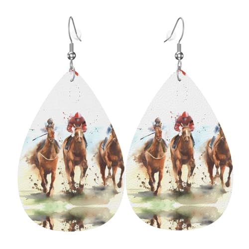 Pferderennen Reitsport Druck Leder Ohrringe für Frauen - baumelnde Tropfenohrringe, perfekt für Partys und Kostümzubehör, Einheitsgröße, Leder, kein Edelstein von JaoXer