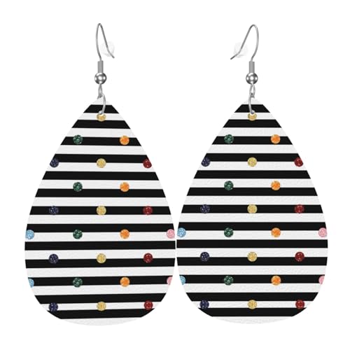 Regenbogen Polka Dot Streifen Schwarz und Weiß Druck Leder Ohrringe für Frauen - baumelnde Tropfenohrringe, Perfekt für Partys und Kostümzubehör, Einheitsgröße, Leder, kein Edelstein von JaoXer