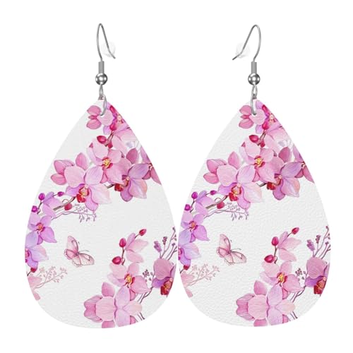 Rosa Blumen und Schmetterling Druck Leder Ohrringe für Frauen - baumelnde Tropfenohrringe, perfekt für Partys und Kostümzubehör, Einheitsgröße, Leder, kein Edelstein Rosa Blumen und Schmetterling Druck Leder Ohrringe für Frauen - baumelnde Tropfenohrringe, perfekt für Partys und Kostümzubehör, Einheitsgröße, Leder, kein Edelstein von JaoXer