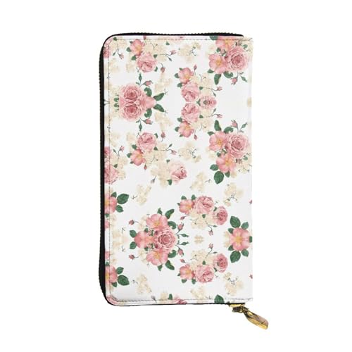 Rosa Rose Blume mit Blättern Druck Leder Lange Clutch Geldbörse für Frauen - Mode mit mehreren Kartenfächern, Münzfach, Schwarz, Einheitsgröße Rosa Rose Blume mit Blättern Druck Leder Lange Clutch Geldbörse für Frauen - Mode mit mehreren Kartenfächern, Münzfach, Schwarz, Einheitsgröße von JaoXer