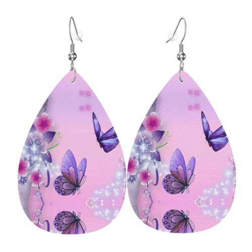 Rosa Schmetterling Druck Leder Ohrringe für Frauen - baumelnde Tropfenohrringe, perfekt für Partys und Kostümzubehör, Einheitsgröße, Leder, kein Edelstein von JaoXer