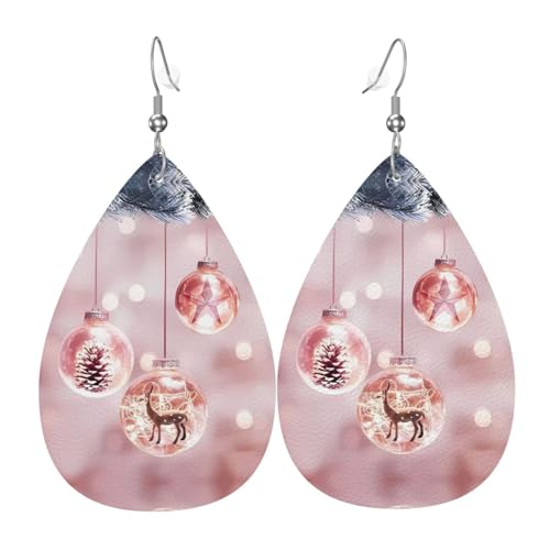 Rosa Weihnachten Kugel Druck Leder Ohrringe für Frauen - baumelnde Tropfenohrringe, perfekt für Partys und Kostümzubehör, Einheitsgröße, Leder, kein Edelstein von JaoXer