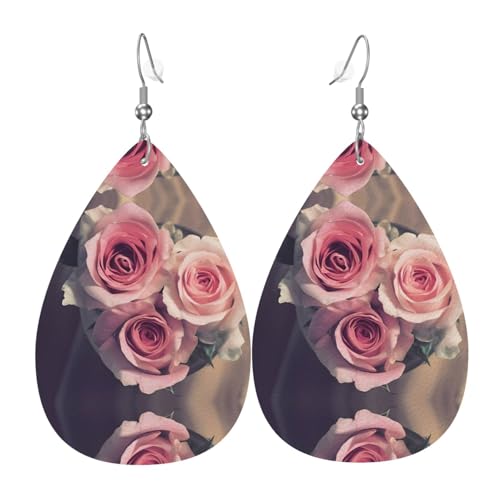 Rose Flower Print Leder Ohrringe für Frauen - baumelnde Tropfenohrringe, perfekt für Partys und Kostümzubehör, Einheitsgröße, Leder, kein Edelstein von JaoXer