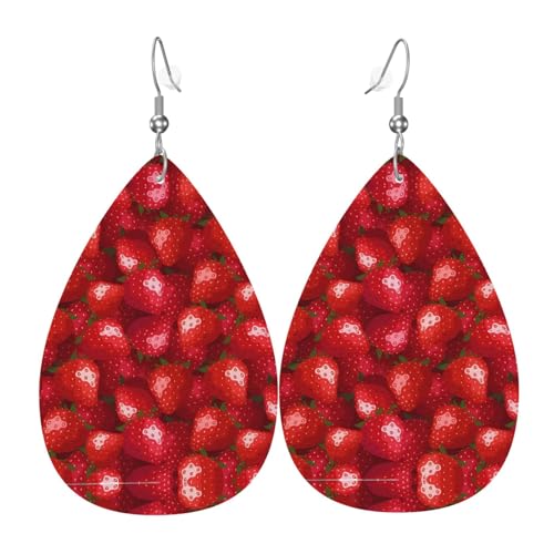Rote Erdbeere Druck Leder Ohrringe für Frauen - baumelnde Tropfenohrringe, perfekt für Partys und Kostümzubehör, Einheitsgröße, Leder, kein Edelstein von JaoXer
