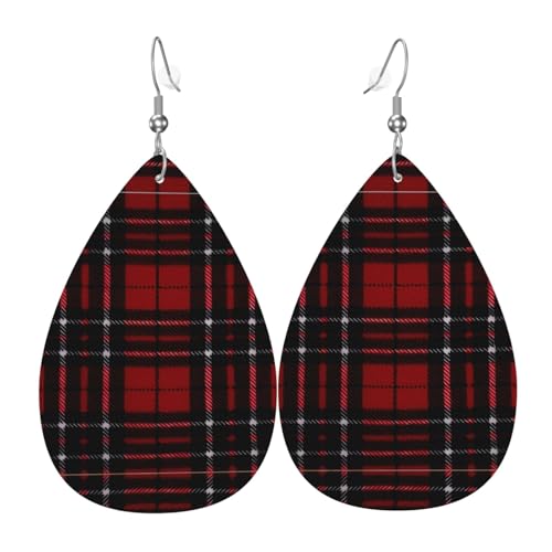Rote und schwarze karierte Leder-Ohrringe für Frauen - baumelnde Tropfenohrringe, perfekt für Partys und Kostümzubehör, Einheitsgröße, Leder, kein Edelstein von JaoXer
