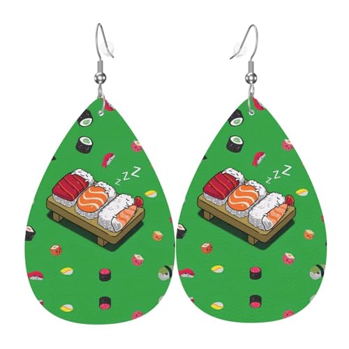 Schlafen Sushi Druck Leder Ohrringe für Frauen - baumelnde Tropfenohrringe, perfekt für Partys und Kostümzubehör, Einheitsgröße, Leder, kein Edelstein von JaoXer