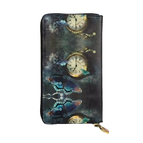 Schmetterling Uhren Druck Leder Lange Clutch Geldbörse für Frauen - Mode mit mehreren Kartenfächern, Münzfach, Schwarz, Einheitsgröße Schmetterling Uhren Druck Leder Lange Clutch Geldbörse für Frauen - Mode mit mehreren Kartenfächern, Münzfach, Schwarz, Einheitsgröße von JaoXer