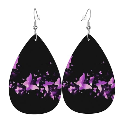 Schmetterling lila Druck Leder Ohrringe für Frauen - baumelnde Tropfenohrringe, perfekt für Partys und Kostümzubehör, Einheitsgröße, Leder, kein Edelstein von JaoXer