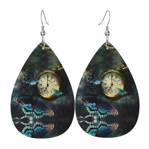 Schmetterlingsuhren Druck Leder Ohrringe für Frauen - baumelnde Tropfenohrringe, perfekt für Partys und Kostümzubehör, Einheitsgröße, Leder, kein Edelstein von JaoXer