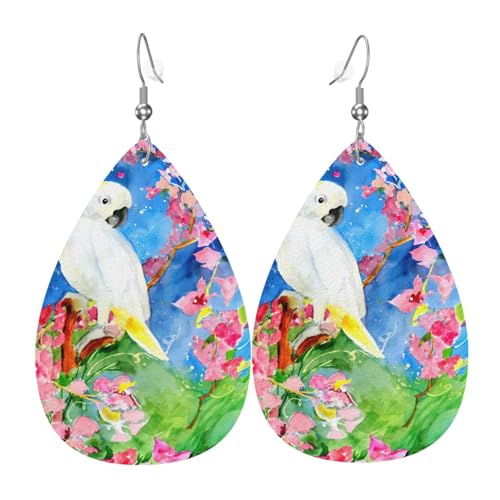 Schöne Kakadu Vogel Blume Druck Leder Ohrringe für Frauen - baumelnde Tropfenohrringe, perfekt für Partys und Kostümzubehör, Einheitsgröße, Leder, kein Edelstein Schöne Kakadu Vogel Blume Druck Leder Ohrringe für Frauen - baumelnde Tropfenohrringe, perfekt für Partys und Kostümzubehör, Einheitsgröße, Leder, kein Edelstein von JaoXer
