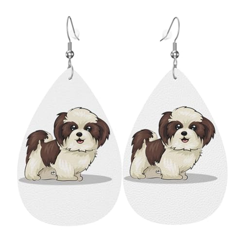 Shih Tzu Hund Druck Leder Ohrringe für Frauen - baumelnde Tropfenohrringe, perfekt für Partys und Kostümzubehör, Einheitsgröße, Leder, kein Edelstein von JaoXer