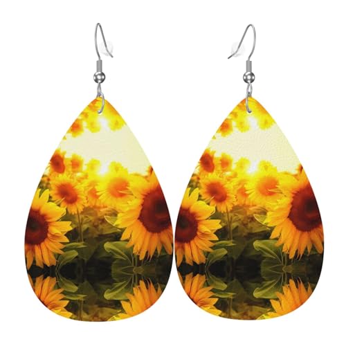 Sonnenblumendruck Leder Ohrringe für Frauen - baumelnde Tropfenohrringe, perfekt für Partys und Kostümzubehör, Einheitsgröße, Leder, kein Edelstein von JaoXer
