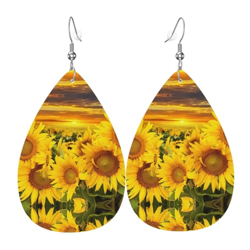 Sonnenblumenmuster Druck Leder Ohrringe für Frauen - baumelnde Tropfenohrringe, perfekt für Partys und Kostümzubehör, Einheitsgröße, Leder, kein Edelstein von JaoXer