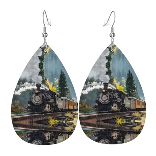 Steam Train Print Leder Ohrringe für Frauen - baumelnde Tropfenohrringe, perfekt für Partys und Kostümzubehör, Einheitsgröße, Leder, kein Edelstein von JaoXer