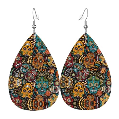Sugar Skull Print Leder Ohrringe für Frauen - baumelnde Tropfenohrringe, perfekt für Partys und Kostümzubehör, Einheitsgröße, Leder, kein Edelstein Sugar Skull Print Leder Ohrringe für Frauen - baumelnde Tropfenohrringe, perfekt für Partys und Kostümzubehör, Einheitsgröße, Leder, kein Edelstein von JaoXer