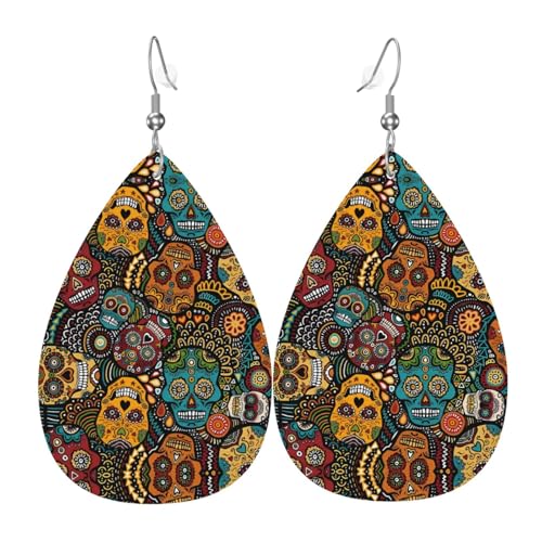 Sugar Skulls Print Leder Ohrringe für Frauen - baumelnde Tropfenohrringe, perfekt für Partys und Kostümzubehör, Einheitsgröße, Leder, kein Edelstein von JaoXer
