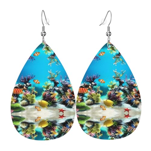 Tropischer Fischdruck Leder Ohrringe für Frauen - baumelnde Tropfenohrringe, perfekt für Partys und Kostümzubehör, Einheitsgröße, Leder, kein Edelstein von JaoXer