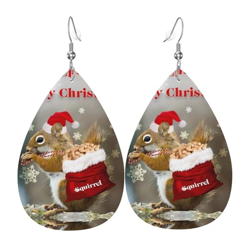 Weihnachten Eichhörnchen Druck Leder Ohrringe für Frauen - baumelnde Tropfenohrringe, perfekt für Partys und Kostümzubehör, Einheitsgröße, Leder, kein Edelstein von JaoXer