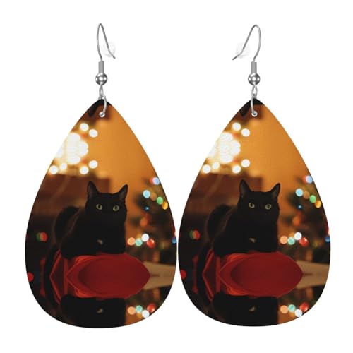 Weihnachten Schwarze Katze Druck Leder Ohrringe für Frauen - baumelnde Tropfenohrringe, perfekt für Partys und Kostümzubehör, Einheitsgröße, Leder, kein Edelstein von JaoXer
