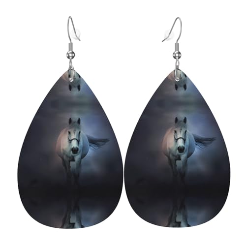 Weiße Pferde Druck Leder Ohrringe für Frauen - baumelnde Tropfenohrringe, perfekt für Partys und Kostümzubehör, Einheitsgröße, Leder, kein Edelstein von JaoXer