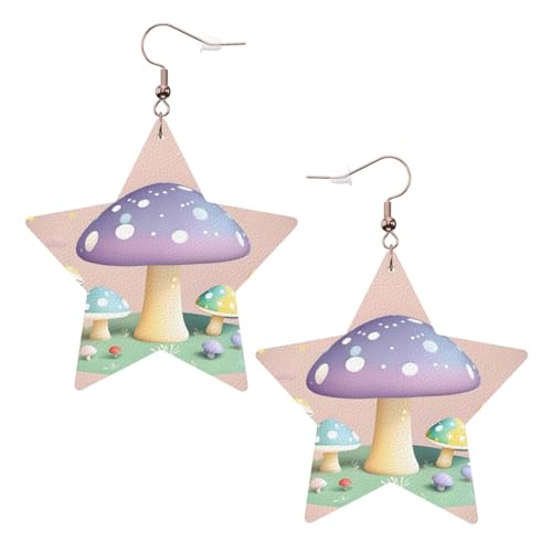 Weiße trendige Leder-Stern-Ohrringe für Frauen – Cartoon-Pilz-Druck, baumelnder Schmuck, leichte modische Creolen-Anhänger, Einheitsgröße, Leder, Kein Edelstein von JaoXer