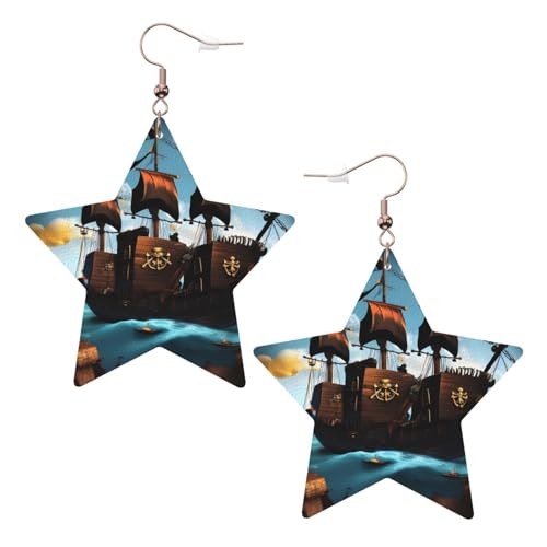Weiße trendige Leder-Stern-Ohrringe für Frauen – Cartoon-Piratenschiff-Druck, baumelnder Schmuck, leichte modische Creolen-Anhänger, Einheitsgröße, Leder, Kein Edelstein von JaoXer