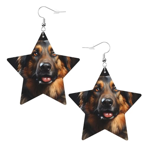 Weiße trendige Leder-Stern-Ohrringe für Frauen – Deutscher Schäferhund Druck baumelnder Schmuck, leichte modische Creolen-Anhänger, Einheitsgröße, Leder, Kein Edelstein von JaoXer