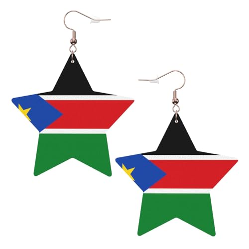 Weiße trendige Leder-Stern-Ohrringe für Frauen – Flagge des Südsudan-Drucks, baumelnder Schmuck, leichte modische Creolen-Anhänger, Einheitsgröße, Leder, Kein Edelstein von JaoXer