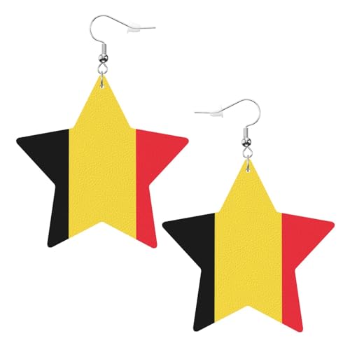 Weiße trendige Leder-Stern-Ohrringe für Frauen – Flagge von Belgien Druck baumelnder Schmuck, leichte modische Creolen-Anhänger, Einheitsgröße, Leder, Kein Edelstein von JaoXer