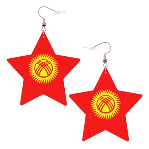 Weiße trendige Leder-Stern-Ohrringe für Frauen – Flagge von Kirgisistan Druck baumelnder Schmuck, leichte modische Creolen-Anhänger, Einheitsgröße, Leder, Kein Edelstein von JaoXer