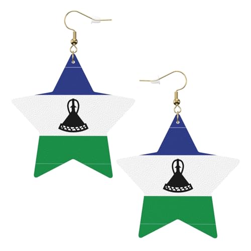 Weiße trendige Leder-Stern-Ohrringe für Frauen – Flagge von Lesotho Druck baumelnder Schmuck, leichte modische Creolen-Anhänger, Einheitsgröße, Leder, Kein Edelstein von JaoXer