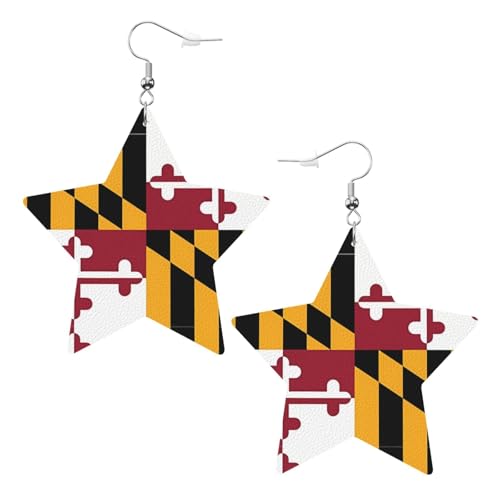 Weiße trendige Leder-Stern-Ohrringe für Frauen – Flagge von Maryland Druck baumelnder Schmuck, leichte modische Creolen-Anhänger, Einheitsgröße, Leder, Kein Edelstein von JaoXer