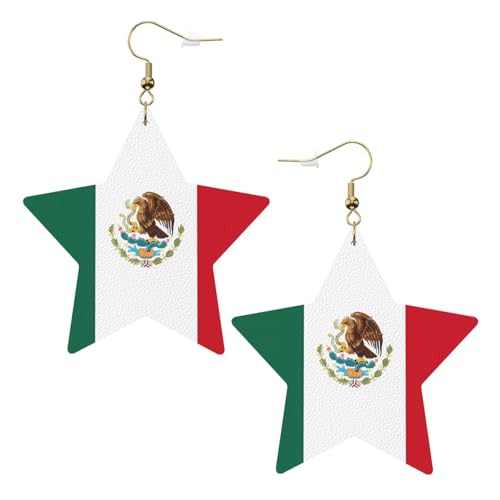 Weiße trendige Leder-Stern-Ohrringe für Frauen – Flagge von Mexiko Druck baumelnder Schmuck, leichte modische Creolen-Anhänger, Einheitsgröße, Leder, Kein Edelstein von JaoXer