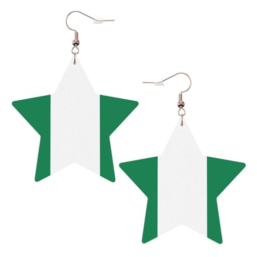 Weiße trendige Leder-Stern-Ohrringe für Frauen – Flagge von Nigeria Druck baumelnder Schmuck, leichte modische Creolen-Anhänger, Einheitsgröße, Leder, Kein Edelstein von JaoXer