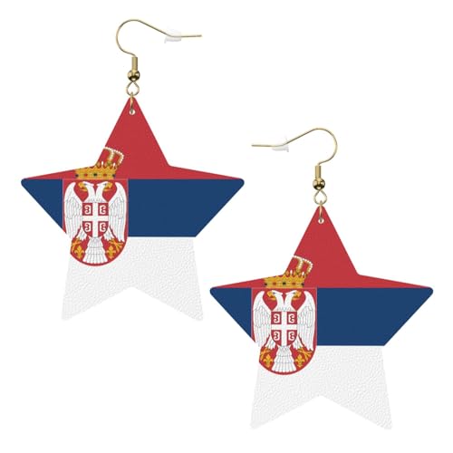 Weiße trendige Leder-Stern-Ohrringe für Frauen – Flagge von Serbien Druck baumelnder Schmuck, leichte modische Creolen-Anhänger, Einheitsgröße, Leder, Kein Edelstein von JaoXer