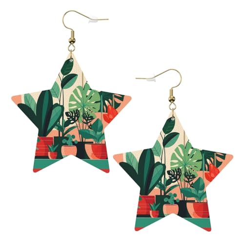Weiße trendige Leder-Stern-Ohrringe für Frauen – Indoor-Topf-Grünpflanzen-Druck, baumelnder Schmuck, leicht, modischer Creolen-Anhänger, Einheitsgröße, Leder, Kein Edelstein von JaoXer