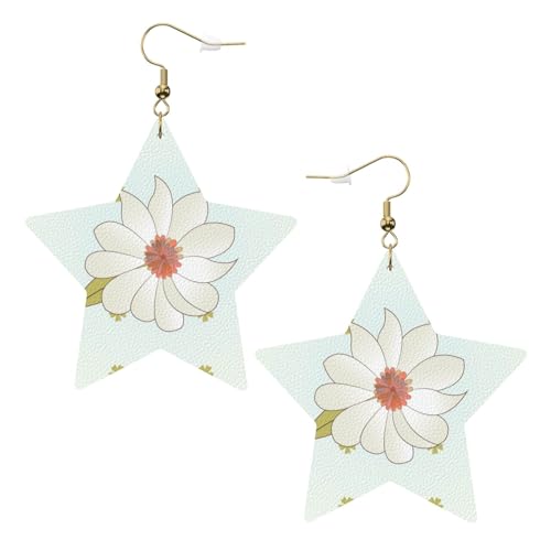 Weiße trendige Leder-Stern-Ohrringe für Frauen – Kamelie in Blüte Druck baumelnder Schmuck, leichte modische Creolen-Anhänger, One Size, Leder, Kein Edelstein von JaoXer