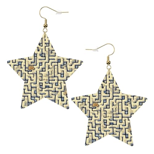 Weiße trendige Leder-Stern-Ohrringe für Frauen – Labyrinth-Schatzkarten-Druck, baumelnder Schmuck, leichte modische Creolen-Anhänger, Einheitsgröße, Leder, Kein Edelstein von JaoXer
