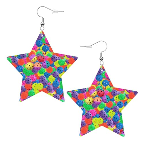 Weiße trendige Leder-Stern-Ohrringe für Frauen – Pickleball-Kugeln mit Farbmuster-Druck, baumelnder Schmuck, leicht, modische Creolen-Anhänger, Einheitsgröße, Leder, Kein Edelstein von JaoXer