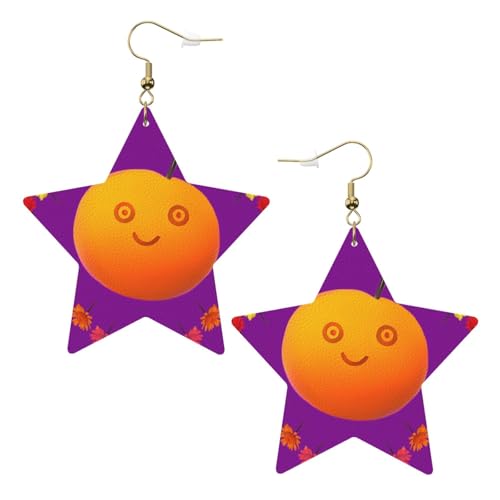Weiße trendige Leder-Stern-Ohrringe für Frauen – Smiley-orangefarbener Druck, baumelnder Schmuck, leichte modische Creolen-Anhänger, Einheitsgröße, Leder, Kein Edelstein von JaoXer