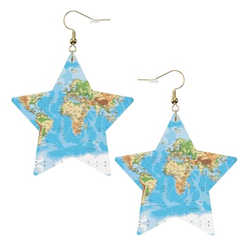 Weiße trendige Leder-Stern-Ohrringe für Frauen – Weltkarten-Druck, baumelnder Schmuck, leichte modische Creolen-Anhänger, One Size, Leder, Kein Edelstein von JaoXer