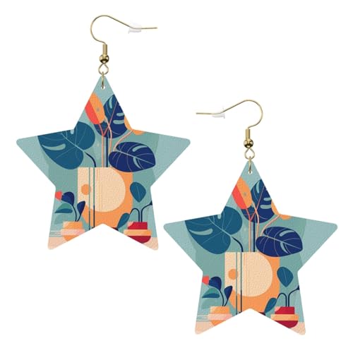 Weiße trendige Leder-Stern-Ohrringe für Frauen – blau-orangefarbener Schildkröten-Bambus-Druck, baumelnder Schmuck, leicht, modische Creolen-Anhänger, Einheitsgröße, Leder, Kein Edelstein Weiße trendige Leder-Stern-Ohrringe für Frauen – blau-orangefarbener Schildkröten-Bambus-Druck, baumelnder Schmuck, leicht, modische Creolen-Anhänger, Einheitsgröße, Leder, Kein Edelstein von JaoXer