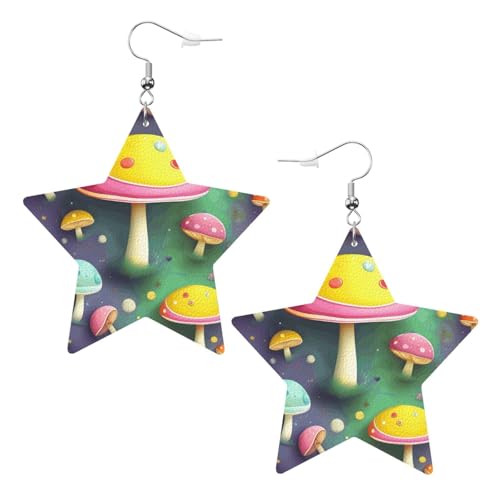 Weiße trendige Leder-Stern-Ohrringe für Frauen – bunter Traumpilz-Druck, baumelnder Schmuck, leicht, modisch, Creolen-Anhänger, One Size, Leder, Kein Edelstein von JaoXer