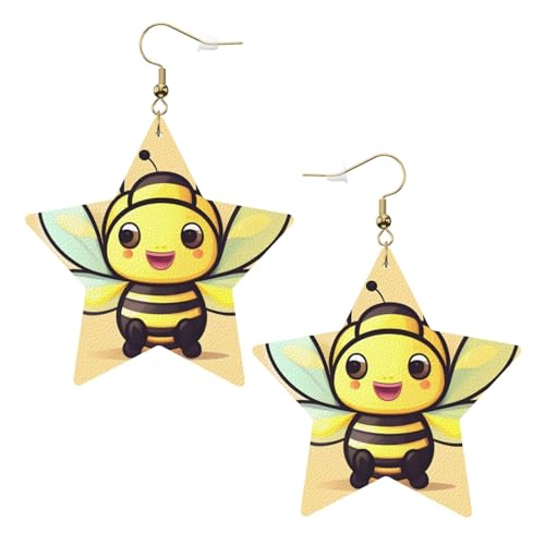 Weiße trendige Leder-Stern-Ohrringe für Frauen – gelber Bienen-Druck, baumelnder Schmuck, leichte modische Creolen-Anhänger, One Size, Leder, Kein Edelstein von JaoXer