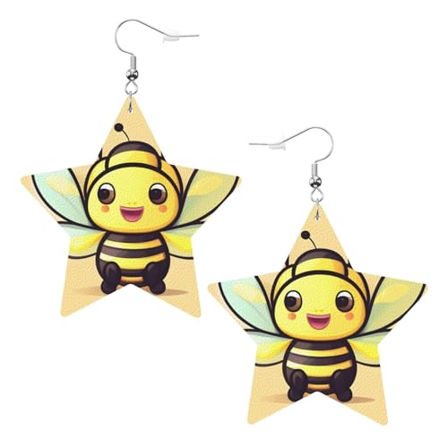 Weiße trendige Leder-Stern-Ohrringe für Frauen – gelber Bienen-Druck, baumelnder Schmuck, leichte modische Creolen-Anhänger, One Size, Leder, Kein Edelstein von JaoXer