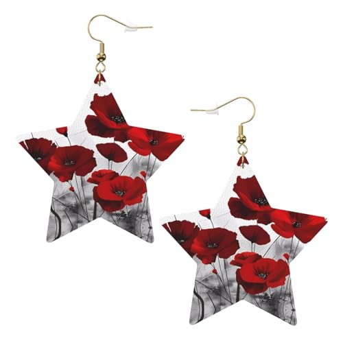 Weiße trendige Leder-Stern-Ohrringe für Frauen – roter Mohnblumen-Druck, baumelnder Schmuck, leicht, modisch, Creolen-Anhänger, Einheitsgröße, Leder, Kein Edelstein Weiße trendige Leder-Stern-Ohrringe für Frauen – roter Mohnblumen-Druck, baumelnder Schmuck, leicht, modisch, Creolen-Anhänger, Einheitsgröße, Leder, Kein Edelstein von JaoXer