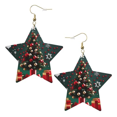 Weiße trendige Leder-Stern-Ohrringe für Frauen – runde Kugel-Weihnachtsbaum-Druck, baumelnder Schmuck, leicht, modisch, Creolen-Anhänger, Einheitsgröße, Leder, Kein Edelstein von JaoXer