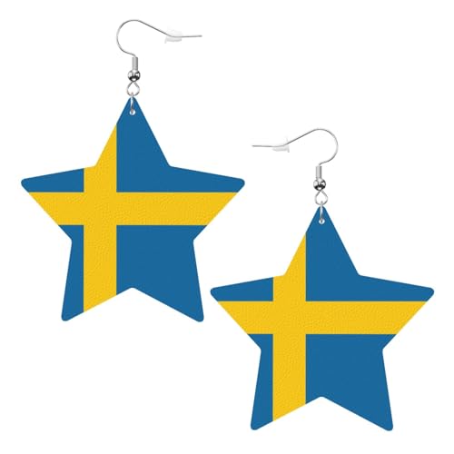 Weiße trendige Leder-Stern-Ohrringe für Frauen – schwedische Flagge Druck baumelnder Schmuck, leichte modische Creolen-Anhänger, One Size, Leder, Kein Edelstein von JaoXer