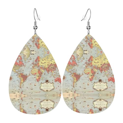 Weltkarte Druck Leder Ohrringe für Frauen - baumelnde Tropfenohrringe, perfekt für Partys und Kostümzubehör, Einheitsgröße, Leder, kein Edelstein von JaoXer