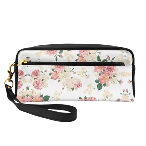 Wiederverwendbare Kosmetiktasche – Reise-Kulturbeutel, komplettes Design, rosa Rose mit Blättern, Lederbeutel für Damen, schwarz, Einheitsgröße Wiederverwendbare Kosmetiktasche – Reise-Kulturbeutel, komplettes Design, rosa Rose mit Blättern, Lederbeutel für Damen, schwarz, Einheitsgröße von JaoXer